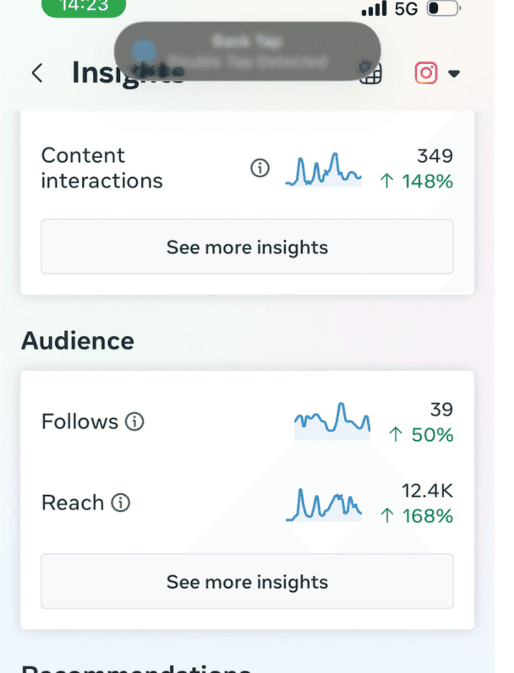 Instagram Insights showing reach up 168% and content interactions up 148% for Subcontinental Kitchen