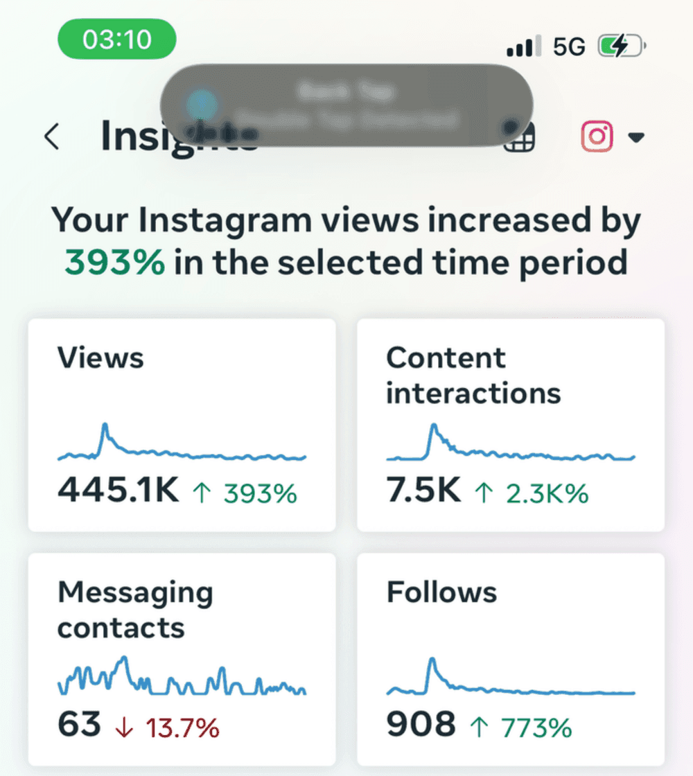 Instagram Insights showing views up 393% and follows up 773% for The Den